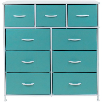 Aqua 9-Drawer Steel Frame Nursery Dresser with Fabric Bins