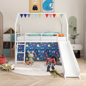 Okak Twin Size Metal House Loft Bed with Slide & Curtain Set & Star Stickers,Contemporary Bed Frame for Bedroom,Kids Room - 1 of 4