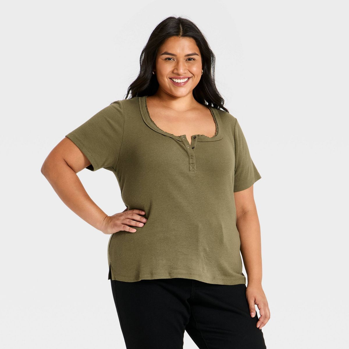 Women's Plus Short Sleeve Scoop Neck Button-Front Henley Top - Ava & Viv™ - thumbnail 6