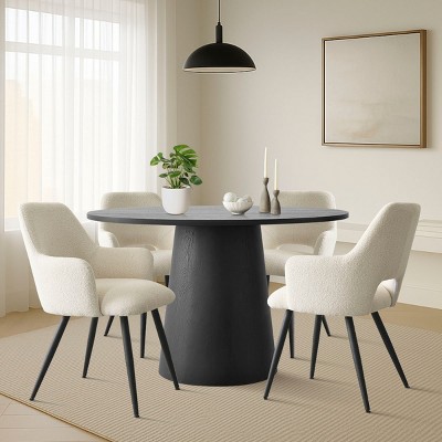 Modern 5-Piece Round Dining Table Set with White Boucle Arm Chairs, 46'' Black Pedestal Table & Upholstered Dining Chairs for Kitchen-Maison Boucle