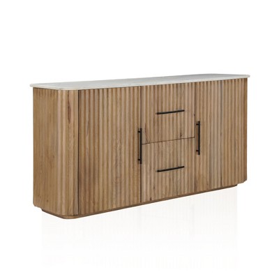 HomeRoots 63" Brown And White Solid Wood And Marble Ribbed Texture Sideboard with Two Doors