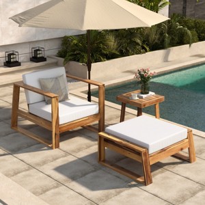 Durable Acacia Wood Outdoor Lounge Set with Plush Cushions, Weather-Resistant Design, and Side Table for Patios & Gardens-Coolbibila - 1 of 4