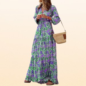 maxi long sleeve dress casual EadianDree Womens Paisley Print V Neck Tiered Boho Floral Beach Vacation Swing Long Dresses,Green Color:PETALS BLUE Vans ave pro skate Lavish Boho maxi MBD4DRS018 The back length