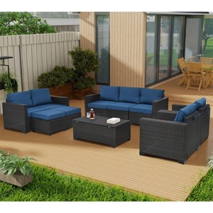ELJGET 10PCS Outdoor Patio Rattan Furniture Set Cushioned Sectional Sofa Storage Coffee Table Deep Brown Wicker - 1 of 4