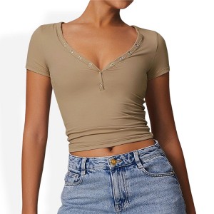 Anna-Kaci Women's Short Sleeve V-Neck Top with Grommet Details and Slim Fit - 1 of 4