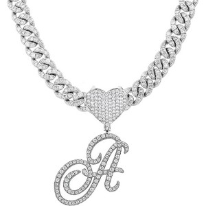 Silver Cuban Link Chain Necklace for Women - Iced Out Initial Pendant with Heart, Custom Name Hip Hop Jewelry Gift - 1 of 4