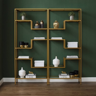 Sloane 78" Gold and Black Steel Etagere Set with Glass Shelves
