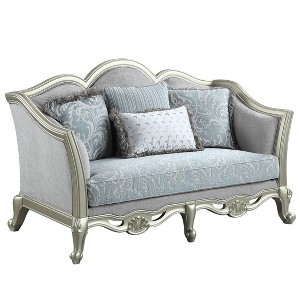 66" Qunsia Sofa Light Gray Linen & Champagne Finish - Acme Furniture: Leather Upholstery, Wood Frame, No Assembly Required - 1 of 4