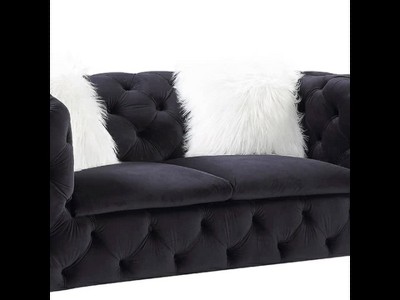 Contemporary Black Velvet Tufted Loveseat with Metal Legs