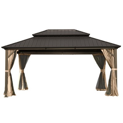 Gloweer Hardtop Gazebo, Outdoor Aluminum Frame Canopy with Galvanized Steel Roof, Permanent Metal Pavilion with Curtains and Netting