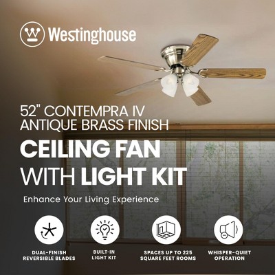 Westinghouse 52 Inch Contempra IV Antique Brass Finish Ceiling Fan with Reversible Blades and 4 Candelabra Base Torpedo Light Bulbs Light Kit