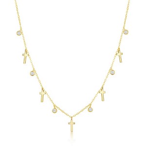 Bella Silver Sterling Silver, Alternating Cross & Bezel-Set CZ Necklace - Gold Plated - Gold - 16+2 Inch - 1 of 2