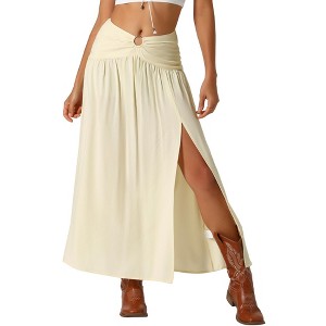 Allegra K Women's Boho Keyhole Smocked Split High Waist Summer Beach Maxi Skirts - 1 of 4