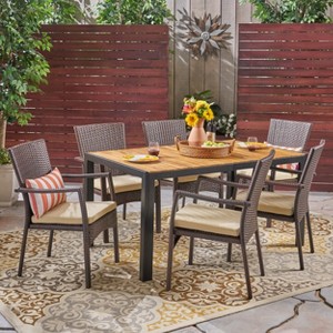 Christopher Knight Home Goodwin Outdoor Acacia Wood and Wicker 7 Piece Dining Set with Cushion, Teak/Brown - 1 of 4