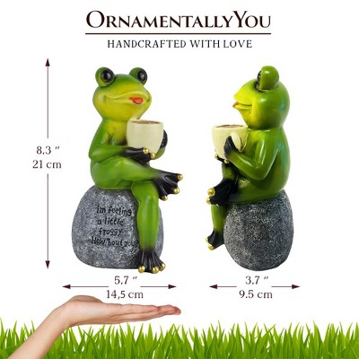 Green Coffee Drinking Frog Garden Statue with Engraved Quote