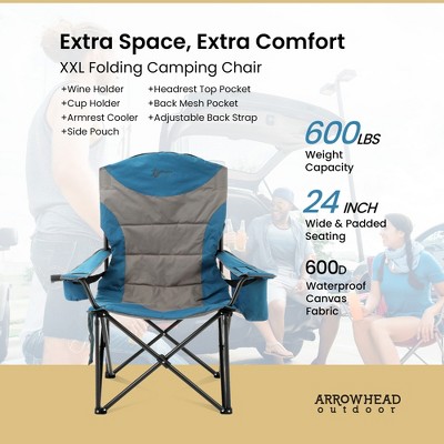 XXL Blue and Gray Padded Folding Camping Chair with Armrests