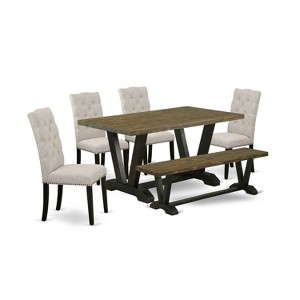 HomeStock 6-Pc Rectangle Distressed Jacobean Finish Solid Wood Top Dining Table with 1-Bench, 4-Chairs - 1 of 4