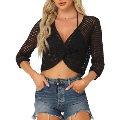 Allegra K Women's V Neck Twist Front Long Sleeve Hollow Out Knit Crop Top