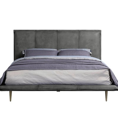 Metis Gray Top Grain Leather Upholstered Queen Bed with Metal Legs