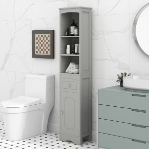 Tall Bathroom Storage Cabinet with Shelves, Drawer and Door, Slim Freestanding Linen Tower for Small Spaces - ModernLuxe - 1 of 4