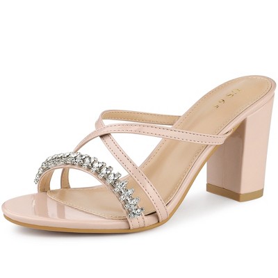 Allegra K Women's Crisscross Strap Rhinestone Block Heel Slide Sandals