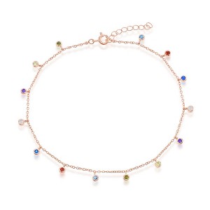 Bella Silver Sterling Silver, Bezel-Set Rainbow CZ Charms Anklet - Rose Gold Plated - Rose - 9+1 Inch - 1 of 3