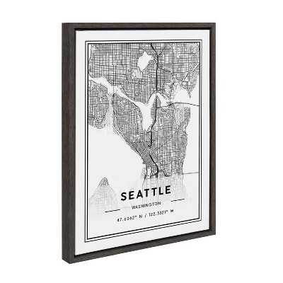 Seattle Modern Map Framed Canvas Wall Art, 18x24, Dark Gray