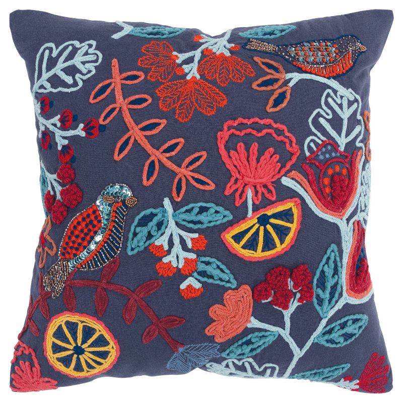 20&#34;x20&#34; Oversize Poly Filled Floral with Bird Square Throw Pillow Dark Blue - Rizzy Home, 1 of 7