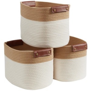 Ornavo Home 3 Pack Cotton Rope Shelf Storage Basket with Faux Leather Handles - 1 of 4