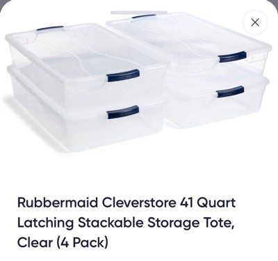 Rubbermaid Cleverstore 41 Quart Plastic Tote Container Bin with Latching  Lid and Handles for Reusable, Stackable Home Office Storage, Clear (4 Pack)