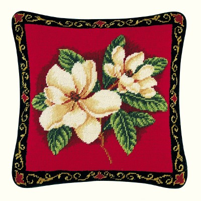 C&F Home 14" x 14" Magnolias On Red Needlepoint Pillow