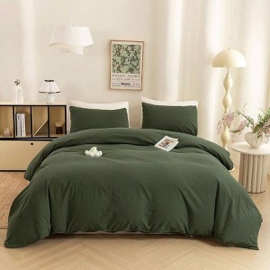 3 Piece Duvet Cover Set, Full Size, 100 Washed Cotton, Zipper Cover 2 Pillowcases, Breathable, Cozy, Simple Style, Avocado Green - 1 of 4