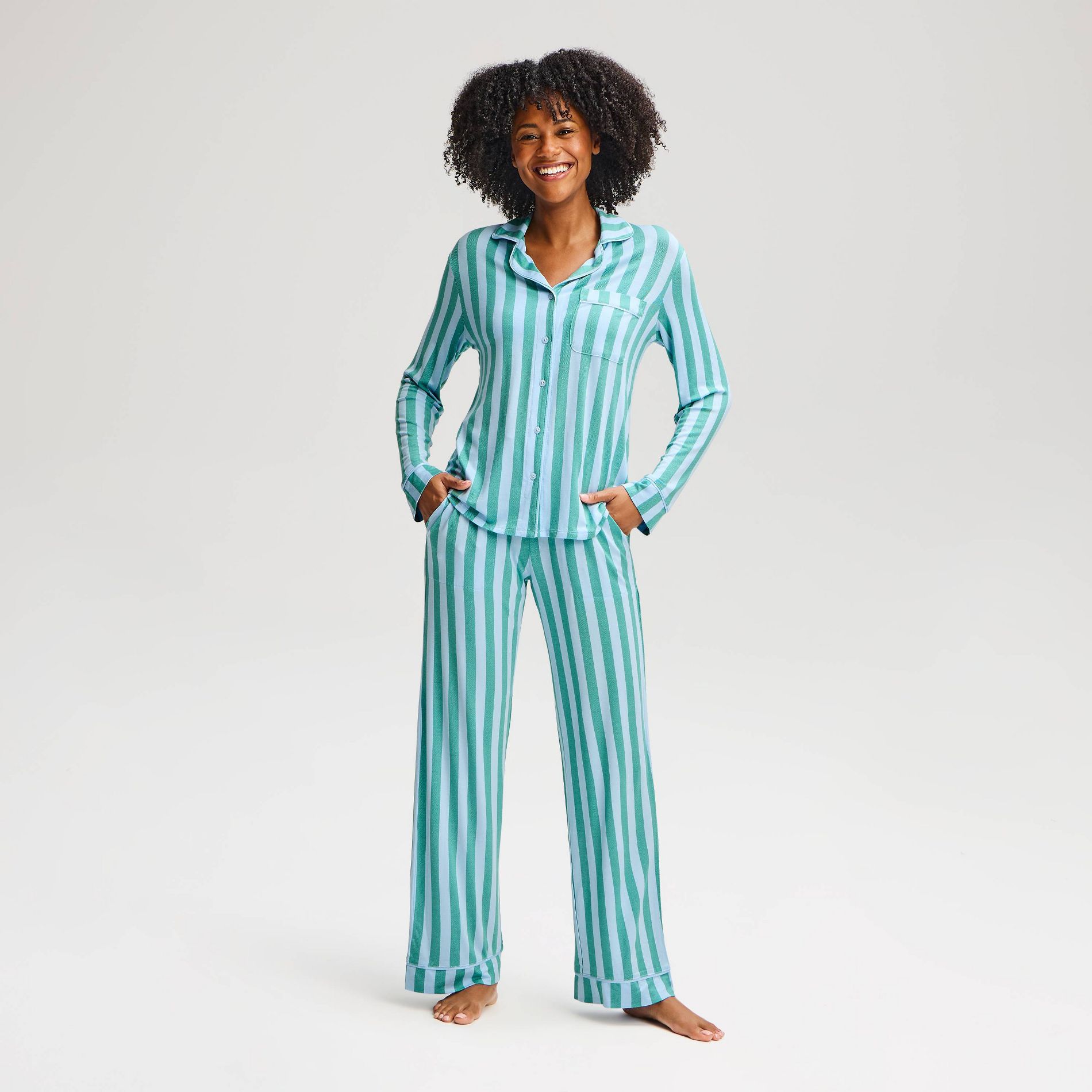 Women's Cloud Knit Modal Long Sleeve Notch Collar Top and Pants Pajama Set - Auden™ Blue/Green Striped S