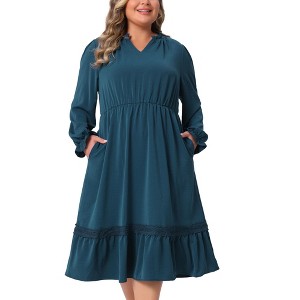 Women's Plus Size Flowy Tiered Layered V Neck Ruffle Long Sleeve Casual A Line Midi Dress with Pocket - Agnes Orinda - 1 of 4