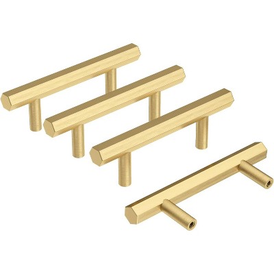 attop 4 Pcs Solid Brass Pull Kitchen Cabinet Handles Brushed Gold Decorative Contemporary Hexagon Bar Cabinet Pulls (Hole Centers:2-1/2"(64mm))