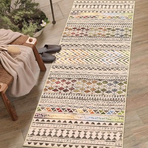 Boho Geometric Washable Rug with Rubber Backing, Non-Slip Low Pile Runner Carpet, Farmhouse Style for Kitchen, Laundry, Hallway, and Entryway. - 1 of 4