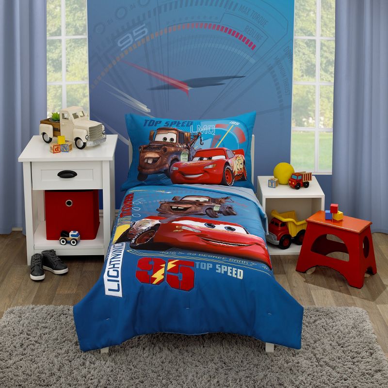 Disney Cars Piston Cup Circuit Blue, Red, and Yellow, Lightning McQueen and Mater 4 Piece Toddler Bed Set, 1 of 7