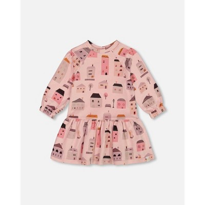 Deux par Deux Girl Printed French Terry Dress Pink and Coral Houses