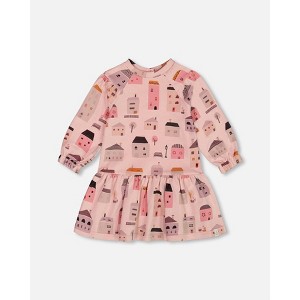 Deux par Deux Girl Printed French Terry Dress Pink and Coral Houses - 1 of 4