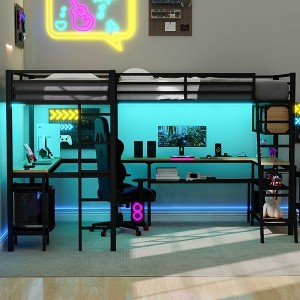 Twin Size L-Shaped Metal Loft Bed with 2 Built-in Desks, LED Lights, Charging Stations, Space-Saving Study/Gaming Bed, Black - ModernLuxe - 1 of 4