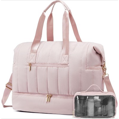 Puffer Travel Duffle Bag with Shoe Compartment, 42L Carry On for Women, Hospital and Gym Bag