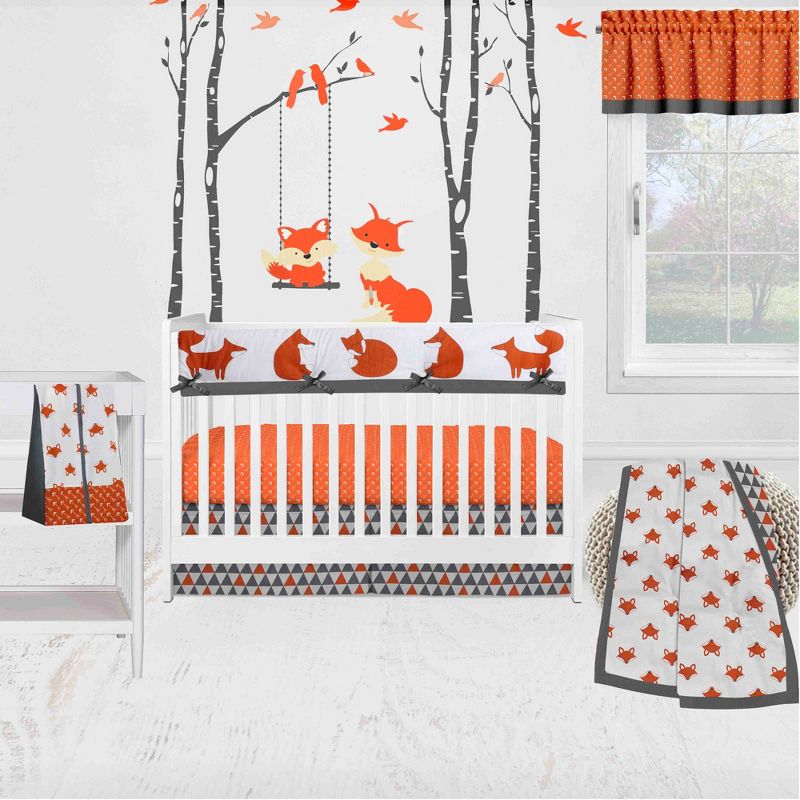 Bacati - Playful Fox Orange Gray 6 pc Crib Bedding Set with Long Rail Guard Cover, 1 of 12