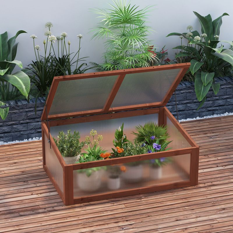 Outsunny Wooden Framed Greenhouse Polycarbonate Cold Frame Grow House Outdoor Raised Planter Box Protection, PC Board, Brown, 39" x 26" x 16", 3 of 7