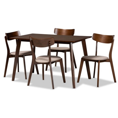 5pc Nori Upholstered Wood Dining Set Light Beige walnut Baxton