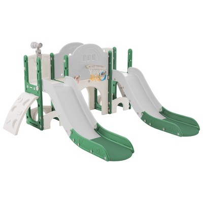 VYNXARIA 7-in-1 Green Spaceship Play Set for Kids: Double Slide, Arch Tunnel, Ring Toss, Basketball Hoop, Climbing Area