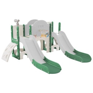 VYNXARIA 7-in-1 Green Spaceship Play Set for Kids: Double Slide, Arch Tunnel, Ring Toss, Basketball Hoop, Climbing Area - 1 of 4