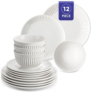 vancasso 12-Piece Diamond Embossed White Ceramic Set for 4 - Geometric Design Bowls & Plates - 1 of 4