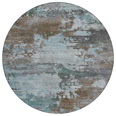 HomeRoots 8' Brown And Blue Round Abstract Washable Indoor Outdoor Area Rug