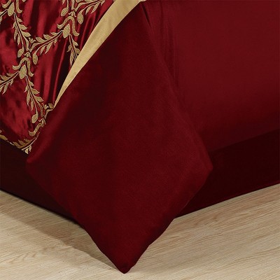 HIG 7 Piece Bed in A Bag Comforter Set Queen Burgundy and Gold Faux Silk Fabric Embroidered Bedding Set — фото 6