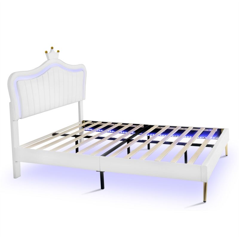 Queen/Full Size Upholstered Platform Bed Frame with LED Lights, Princess Bed with Crown Headboard-ModernLuxe, 5 of 14